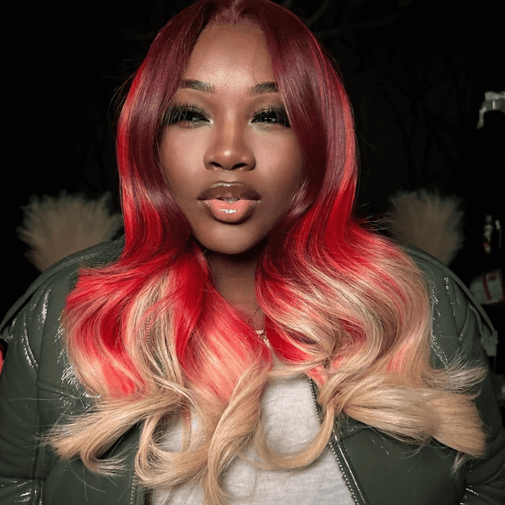 SZC Ombre Burgundy Red Honey Blonde Highlight Lace Front Human Hair Wigs