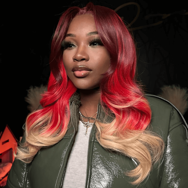 SZC Ombre Burgundy Red Honey Blonde Highlight Lace Front Human Hair Wigs