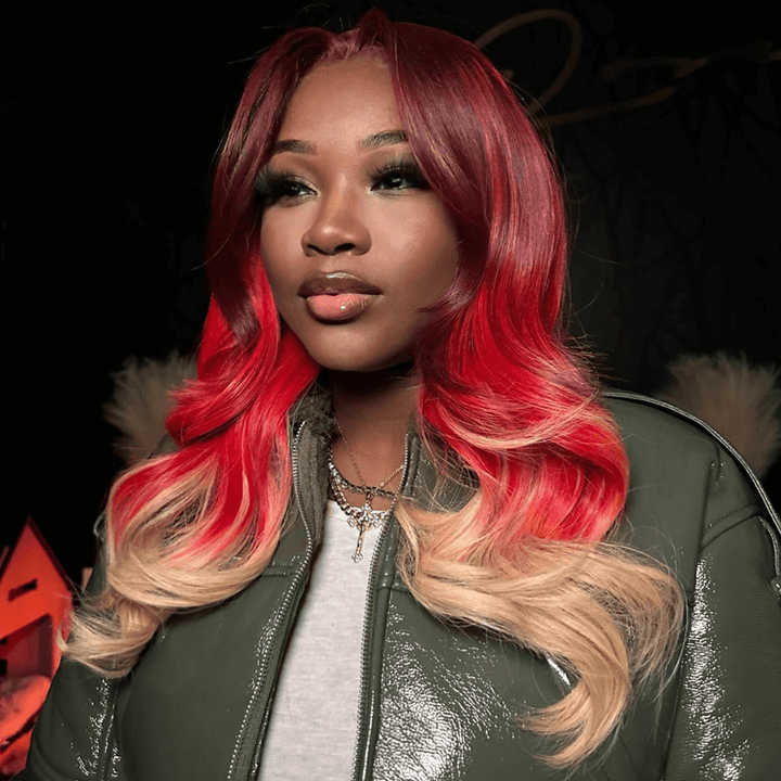SZC Ombre Burgundy Red Honey Blonde Highlight Lace Front Human Hair Wigs