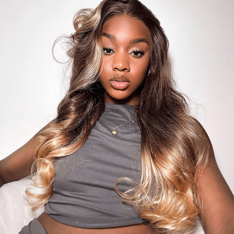 SZC Ombre Dark Brown Platinum Blonde 200 Density Lace Front Human Hair Wig