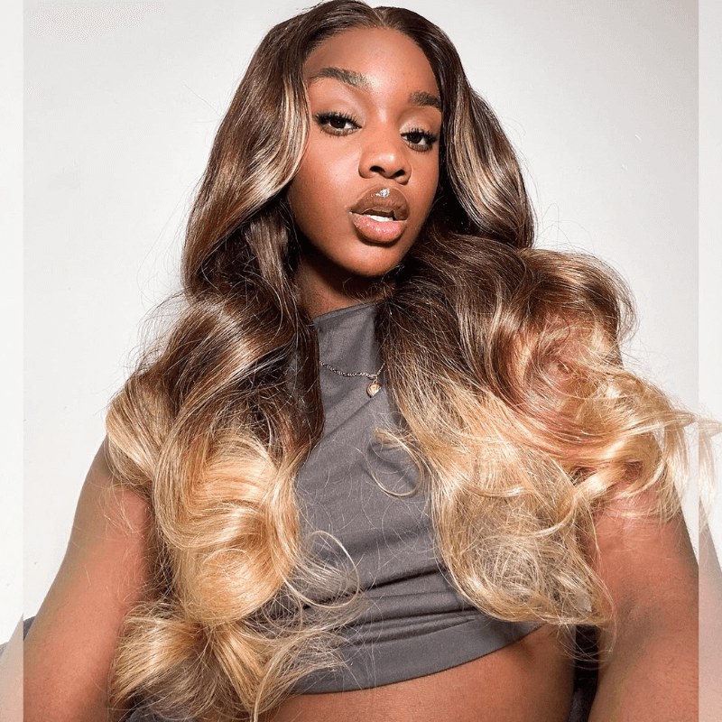 SZC Ombre Dark Brown Platinum Blonde 200 Density Lace Front Human Hair Wig