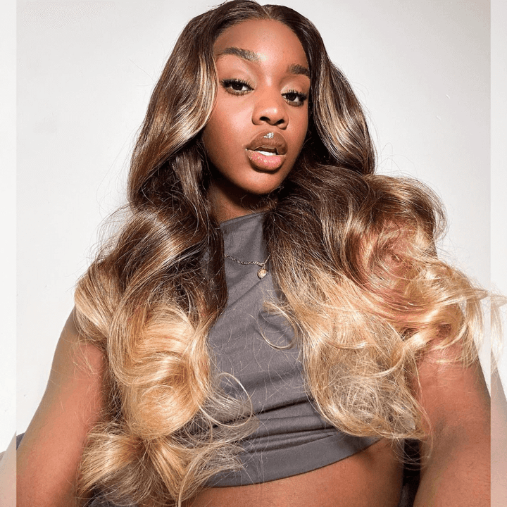 SZC Ombre Dark Brown Platinum Blonde 200 Density Lace Front Human Hair Wig