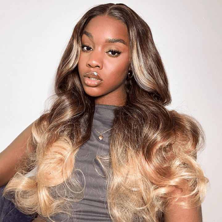 SZC Ombre Dark Brown Platinum Blonde 200 Density Lace Front Human Hair Wig