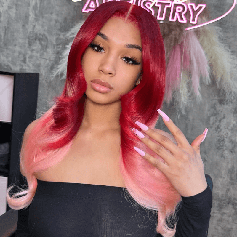SZC Ombre Dark Red Pink 200 Density 13x4 Lace Front Wavy Human Hair Wigs