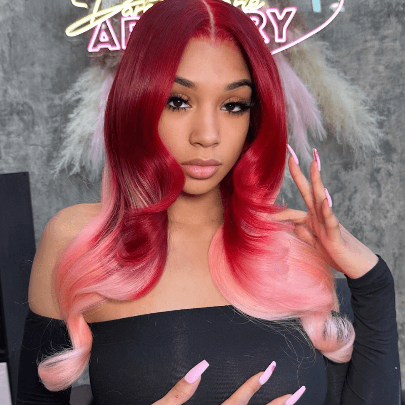 SZC Ombre Dark Red Pink 200 Density 13x4 Lace Front Wavy Human Hair Wigs
