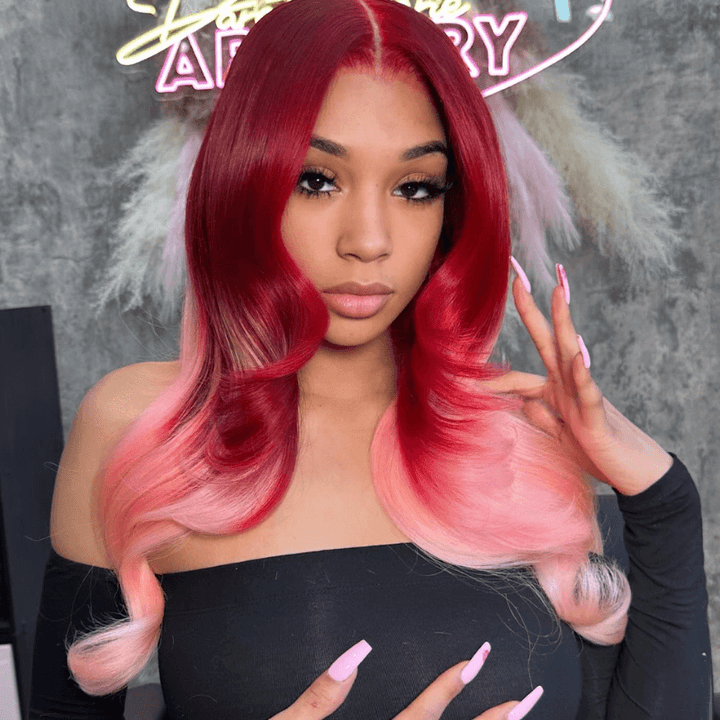 SZC Ombre Dark Red Pink 200 Density 13x4 Lace Front Wavy Human Hair Wigs