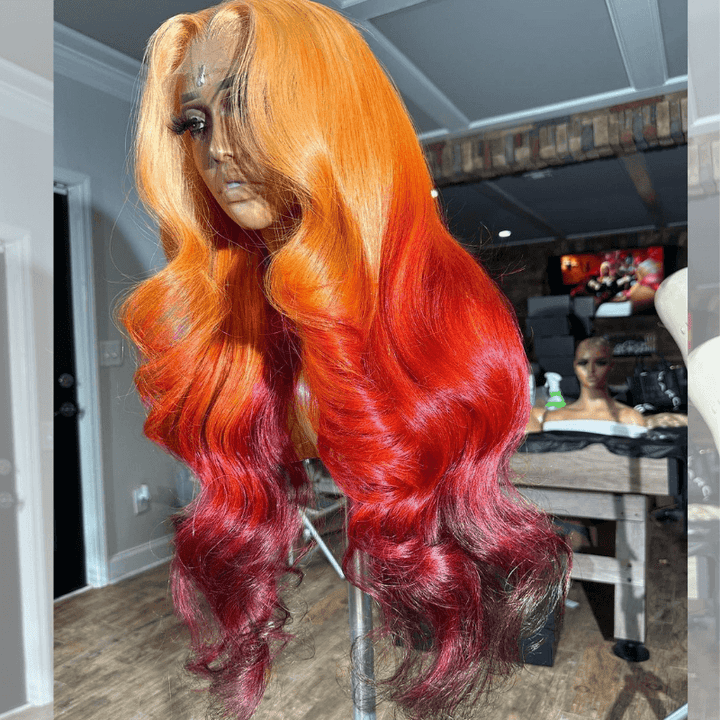 SZC Ombre Ginger Red Black Body Wave Virgin Lace Front Human Hair Wig