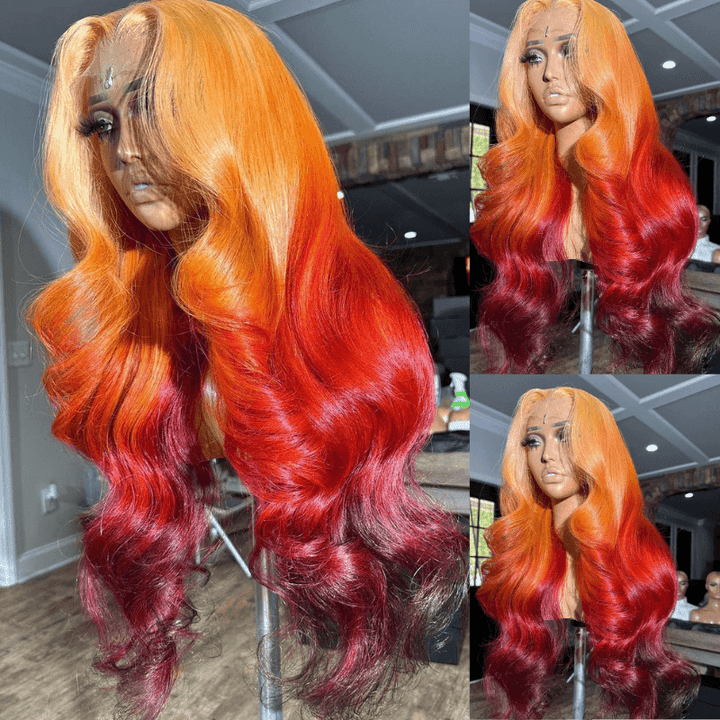 SZC Ombre Ginger Red Black Body Wave Virgin Lace Front Human Hair Wig