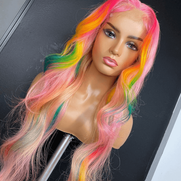SZC Ombre Ginger Yellow Green Blue Pink Highlight Virgin Human Hair Wigs