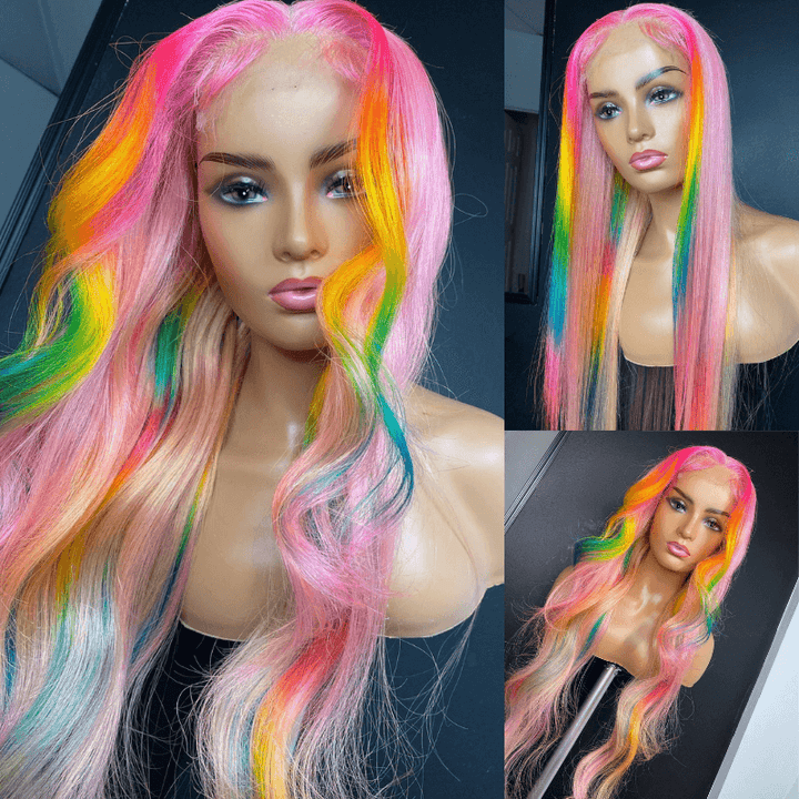 SZC Ombre Ginger Yellow Green Blue Pink Highlight Virgin Human Hair Wigs