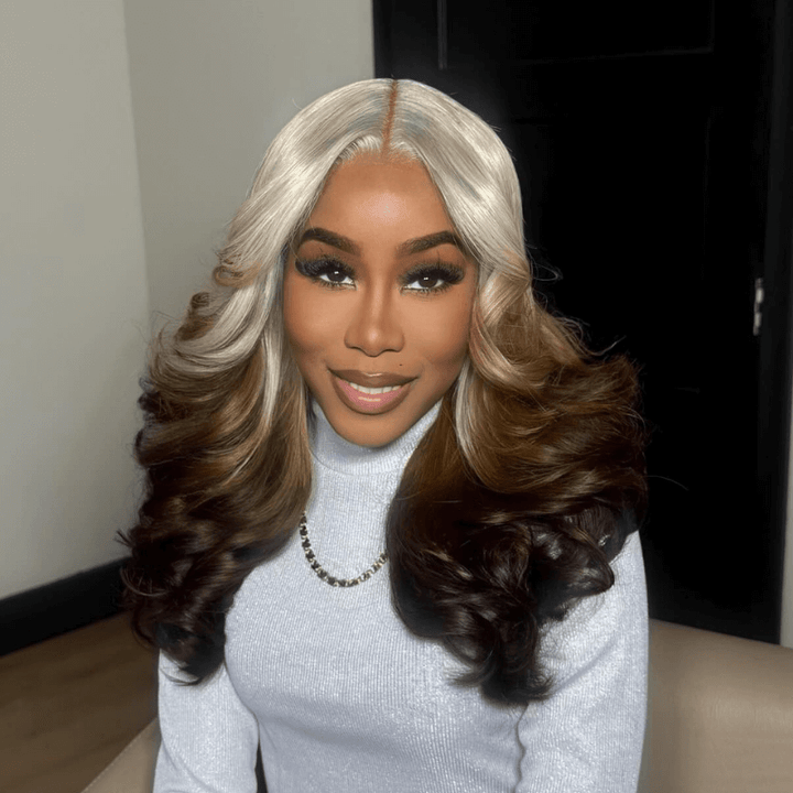 SZC Ombre Gray Chocolate Brown 13x4 HD Lace Front Body Wave Hair Wig