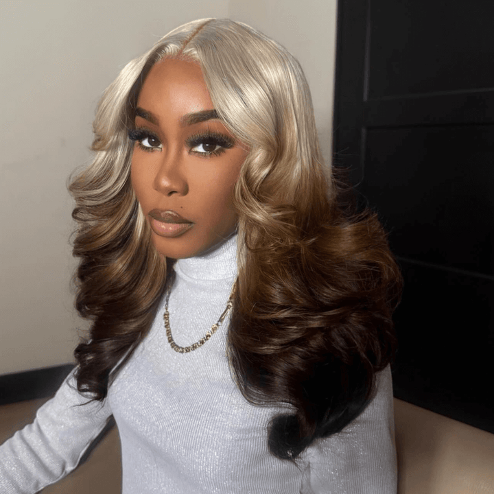 SZC Ombre Gray Chocolate Brown 13x4 HD Lace Front Body Wave Hair Wig