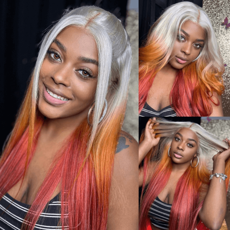 SZC Ombre Gray Ginger Orange Red Color Lace Front Virgin Human Hair Wigs