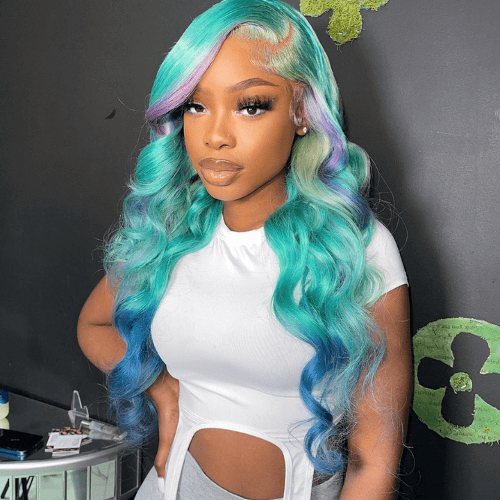 SZC Ombre Green Blue Purple Skunk Stripe HD Lace Front Human Hair Wig