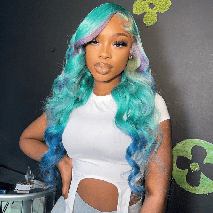 SZC Ombre Green Blue Purple Skunk Stripe HD Lace Front Human Hair Wig