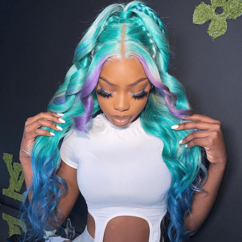 SZC Ombre Green Blue Purple Skunk Stripe HD Lace Front Human Hair Wig