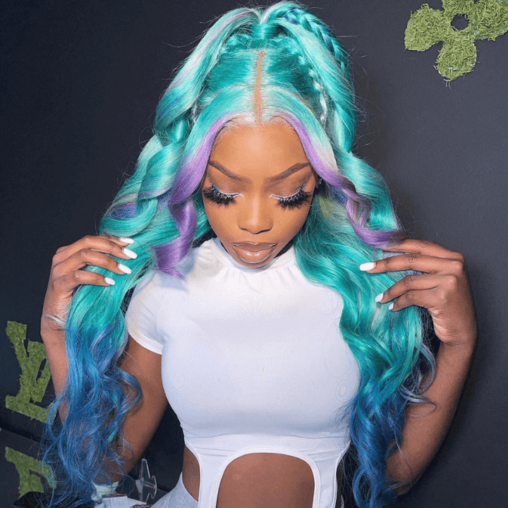 SZC Ombre Green Blue Purple Skunk Stripe HD Lace Front Human Hair Wig