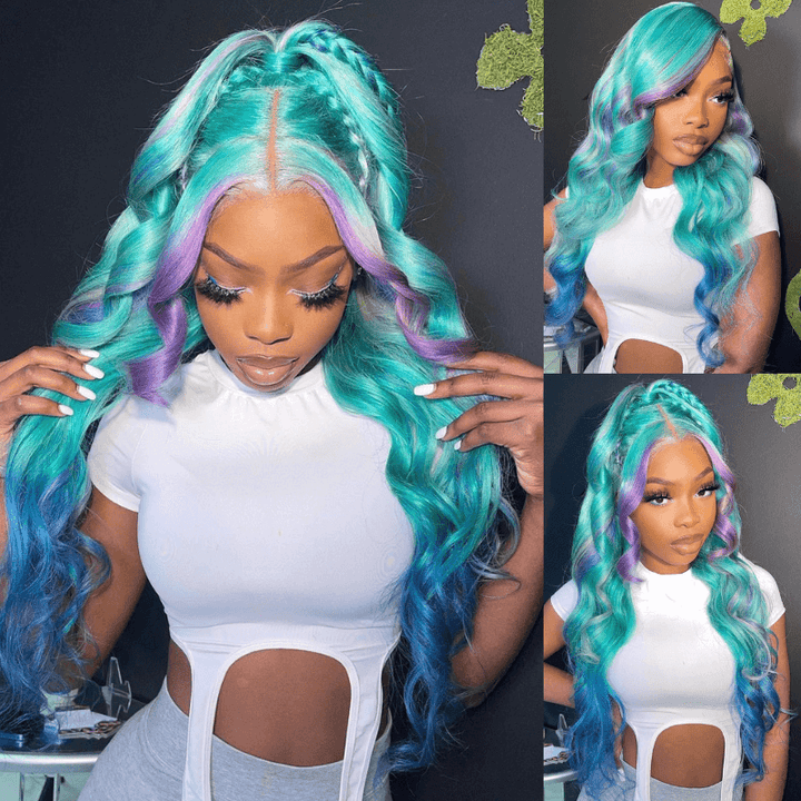 SZC Ombre Green Blue Purple Skunk Stripe HD Lace Front Human Hair Wig