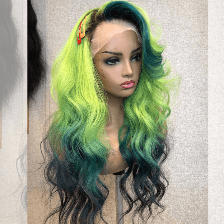 SZC Ombre Green Emerald Green Skunk Stripe Lace Front Human Hair Wigs