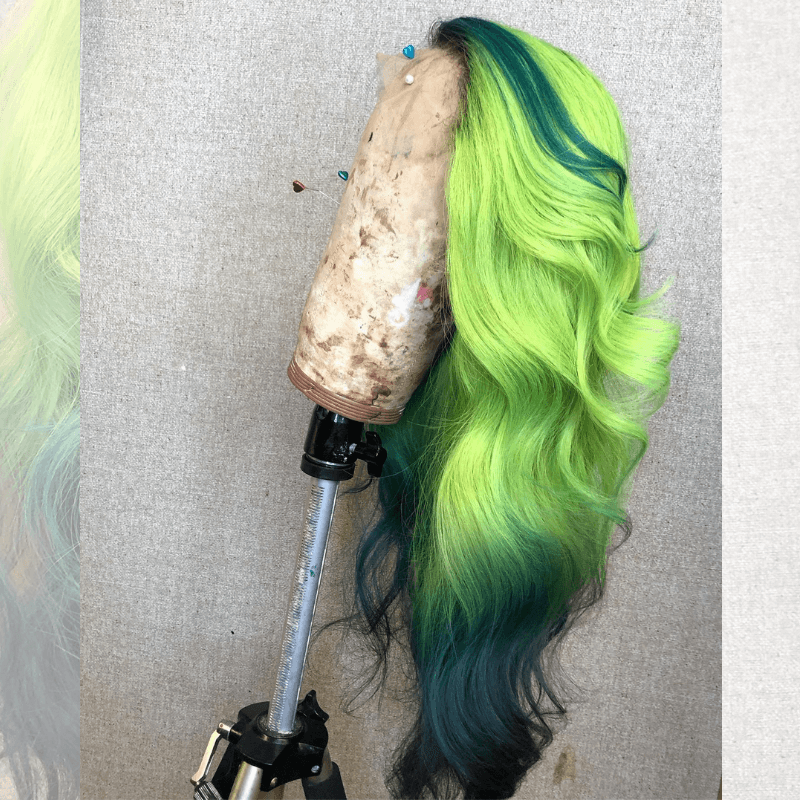 SZC Ombre Green Emerald Green Skunk Stripe Lace Front Human Hair Wigs