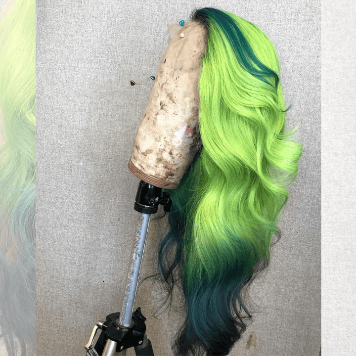 SZC Ombre Green Emerald Green Skunk Stripe Lace Front Human Hair Wigs