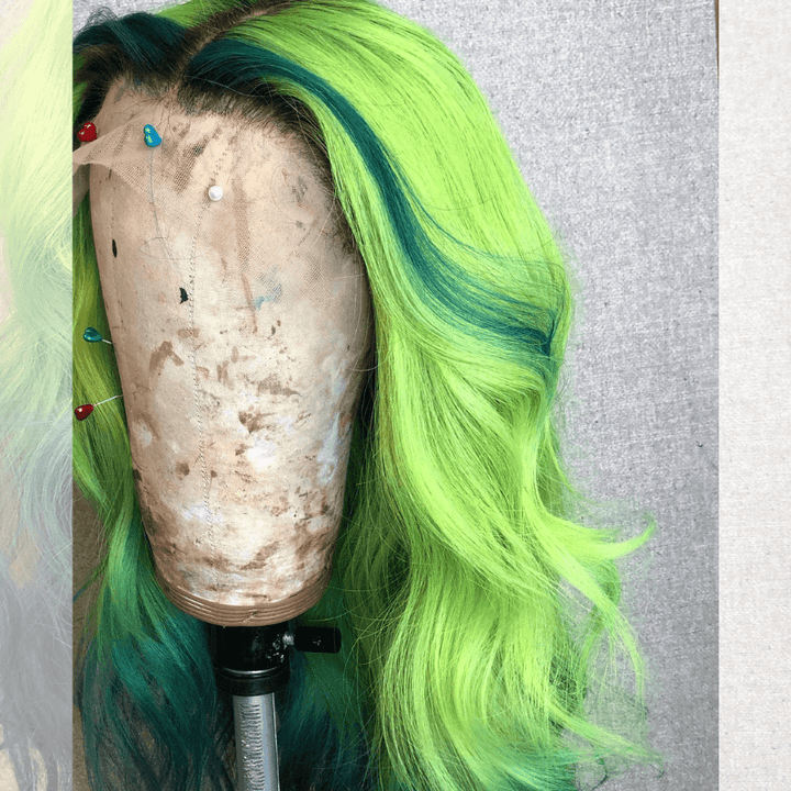 SZC Ombre Green Emerald Green Skunk Stripe Lace Front Human Hair Wigs