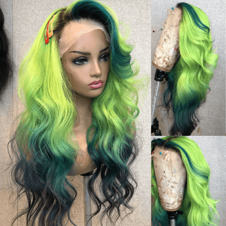 SZC Ombre Green Emerald Green Skunk Stripe Lace Front Human Hair Wigs