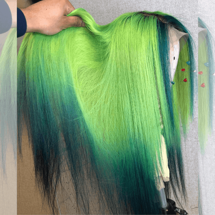 SZC Ombre Green Emerald Green Skunk Stripe Lace Front Human Hair Wigs