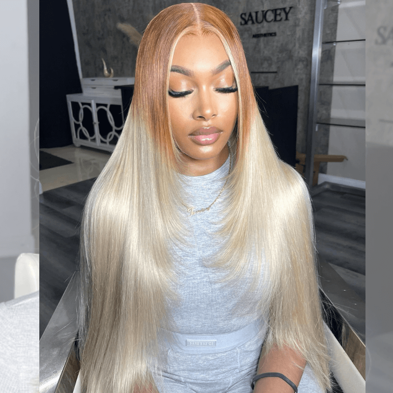 SZC Ombre Light Brown Platinum Blonde Skunk Stripe Lace Front Hair Wigs
