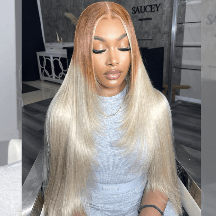 SZC Ombre Light Brown Platinum Blonde Skunk Stripe Lace Front Hair Wigs