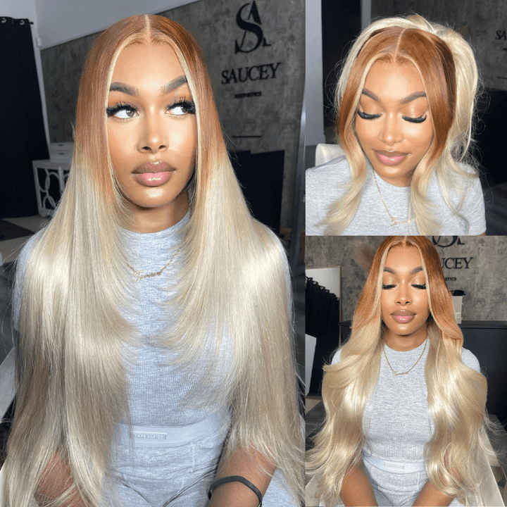 SZC Ombre Light Brown Platinum Blonde Skunk Stripe Lace Front Hair Wigs