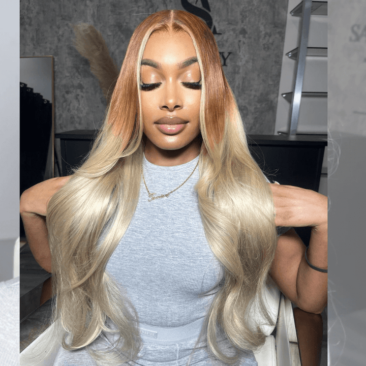SZC Ombre Light Brown Platinum Blonde Skunk Stripe Lace Front Hair Wigs