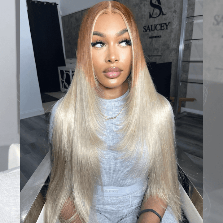 SZC Ombre Light Brown Platinum Blonde Skunk Stripe Lace Front Hair Wigs