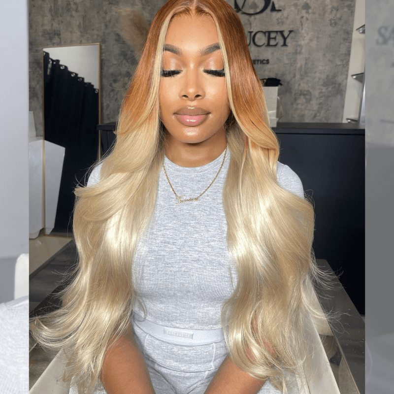 SZC Ombre Light Brown Platinum Blonde Skunk Stripe Lace Front Hair Wigs