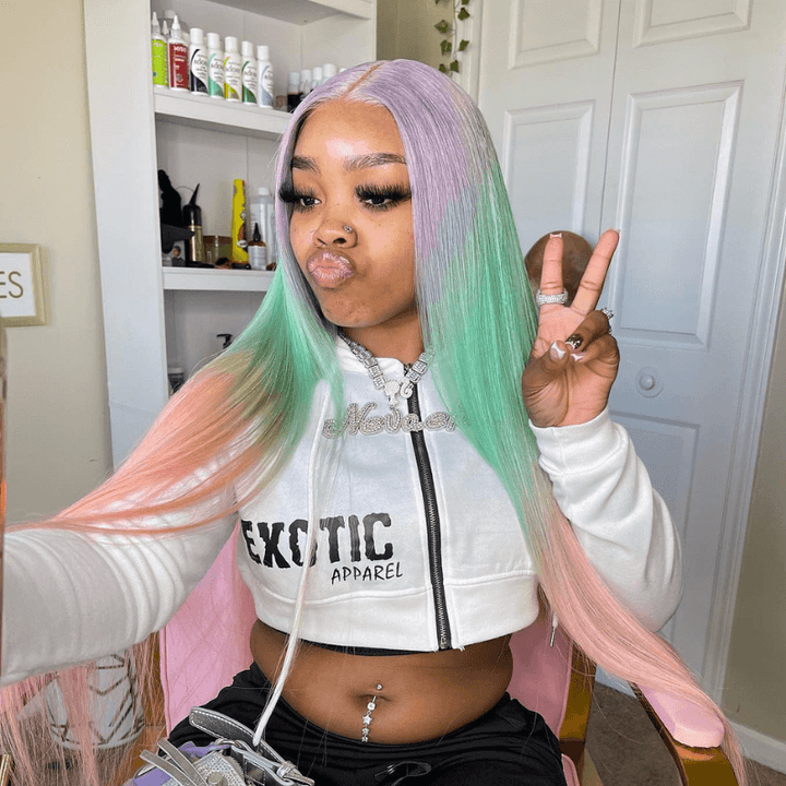 SZC Ombre Light Purple Pastel Green Pink 13x4 Lace Front Human Hair Wigs