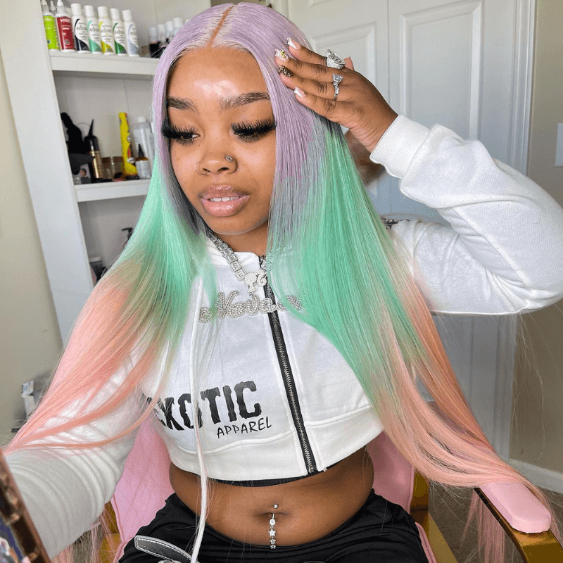 SZC Ombre Light Purple Pastel Green Pink 13x4 Lace Front Human Hair Wigs