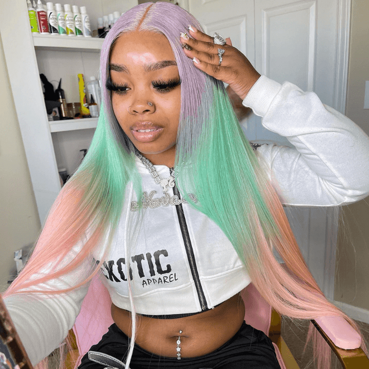 SZC Ombre Light Purple Pastel Green Pink 13x4 Lace Front Human Hair Wigs