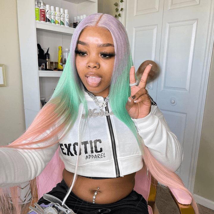 SZC Ombre Light Purple Pastel Green Pink 13x4 Lace Front Human Hair Wigs