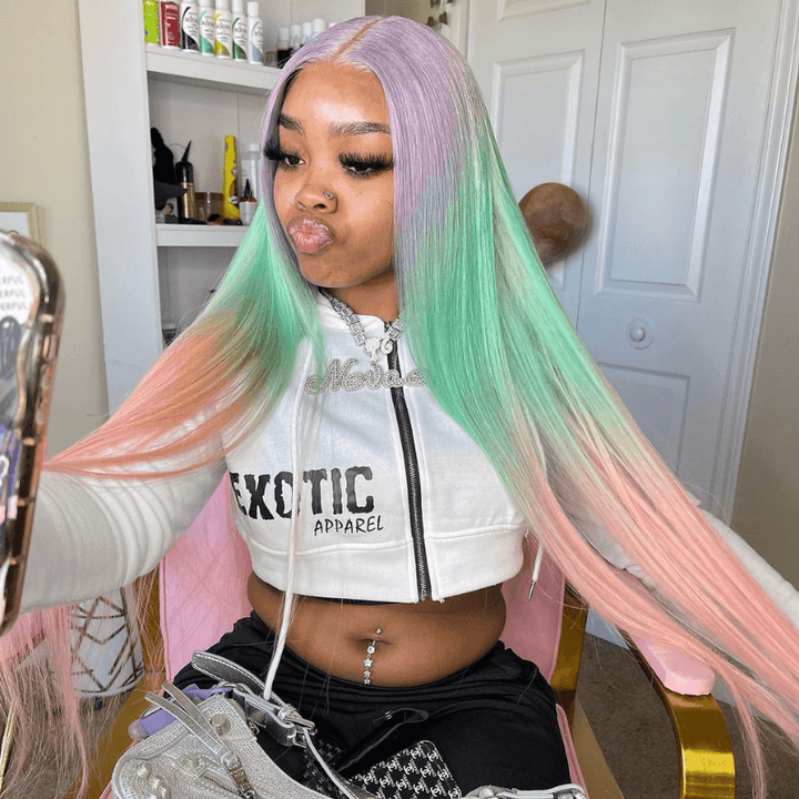 SZC Ombre Light Purple Pastel Green Pink 13x4 Lace Front Human Hair Wigs