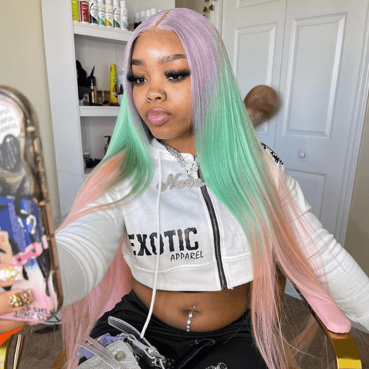 SZC Ombre Light Purple Pastel Green Pink 13x4 Lace Front Human Hair Wigs