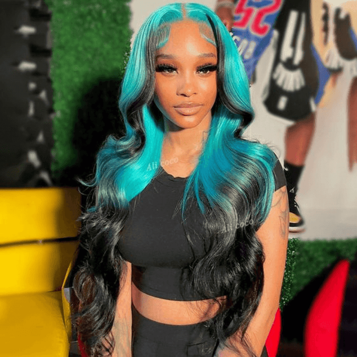 SZC Ombre Pastel Blue Black Skunk Stripe Body Wave Virgin Human Hair Wigs