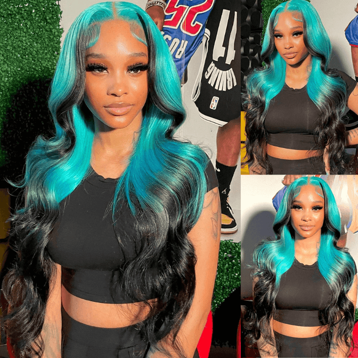 SZC Ombre Pastel Blue Black Skunk Stripe Body Wave Virgin Human Hair Wigs
