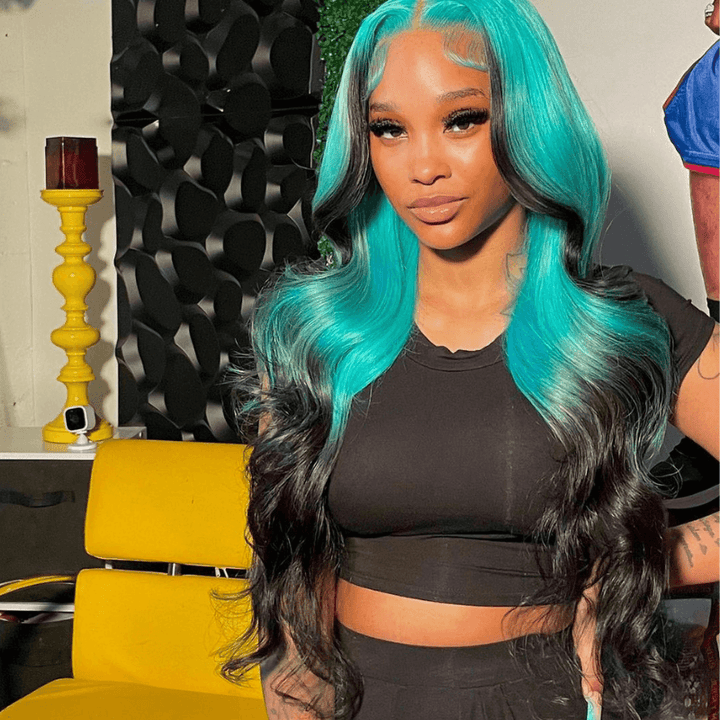 SZC Ombre Pastel Blue Black Skunk Stripe Body Wave Virgin Human Hair Wigs
