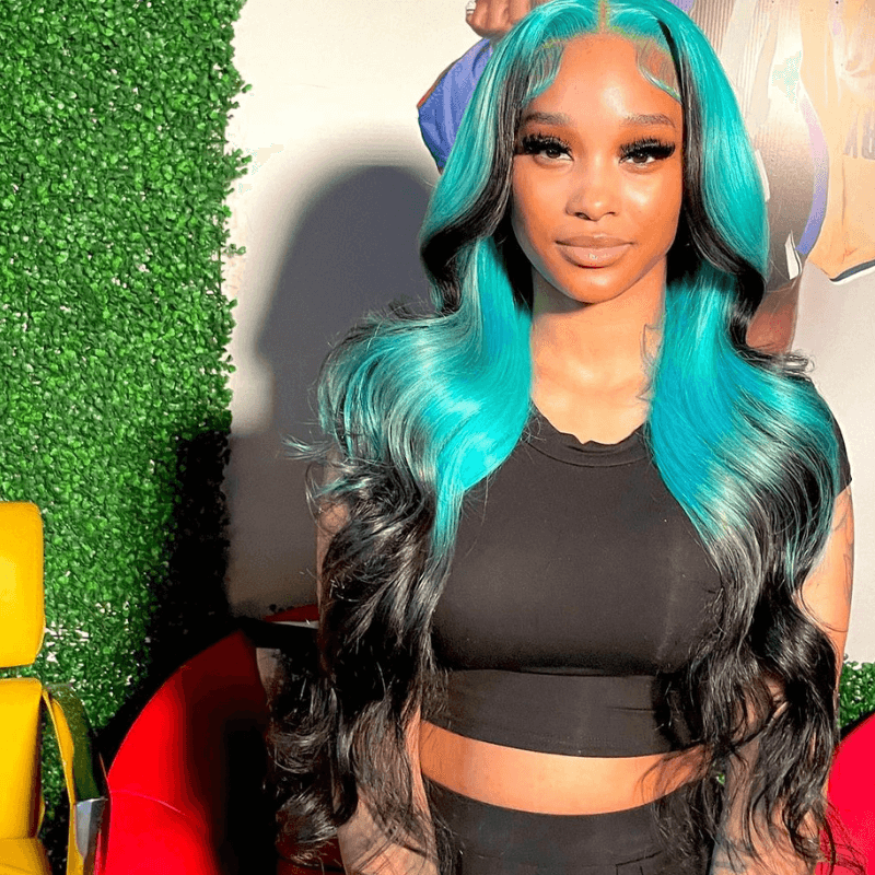 SZC Ombre Pastel Blue Black Skunk Stripe Body Wave Virgin Human Hair Wigs