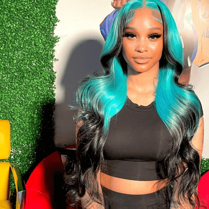 SZC Ombre Pastel Blue Black Skunk Stripe Body Wave Virgin Human Hair Wigs