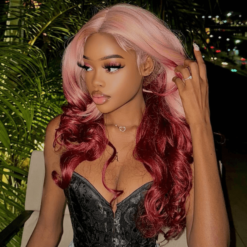 SZC Ombre Peach Pink Burgundy Red Colored Lace Front Human Hair Wigs