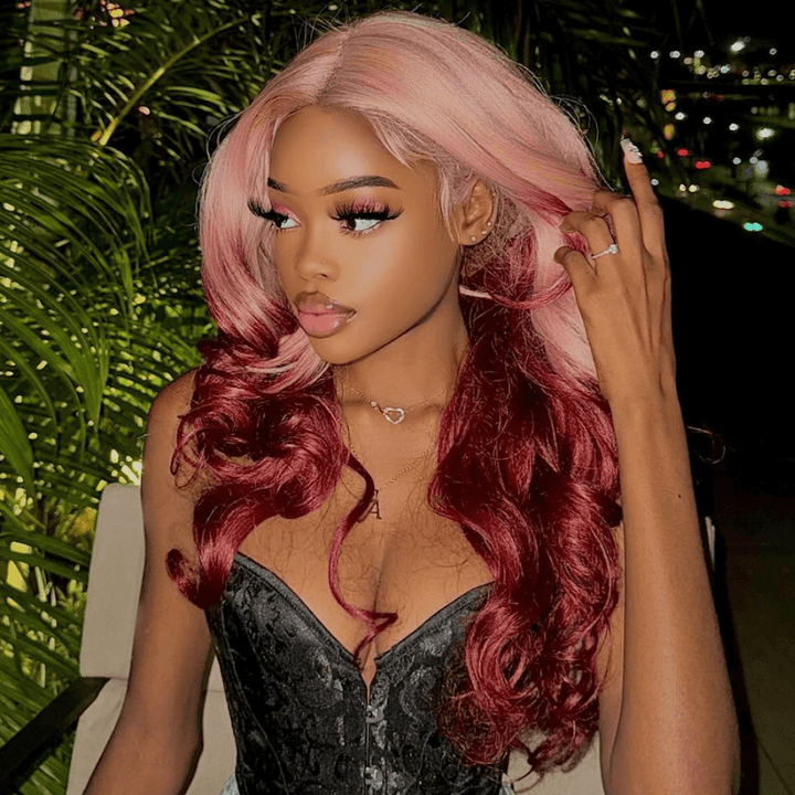 SZC Ombre Peach Pink Burgundy Red Colored Lace Front Human Hair Wigs