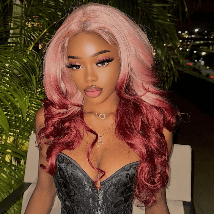 SZC Ombre Peach Pink Burgundy Red Colored Lace Front Human Hair Wigs