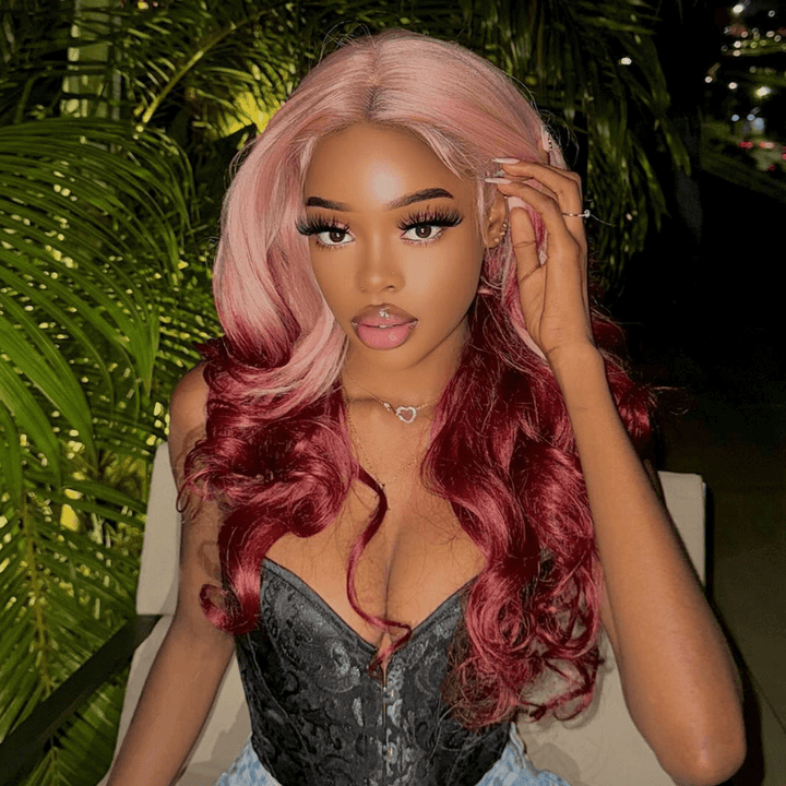 SZC Ombre Peach Pink Burgundy Red Colored Lace Front Human Hair Wigs