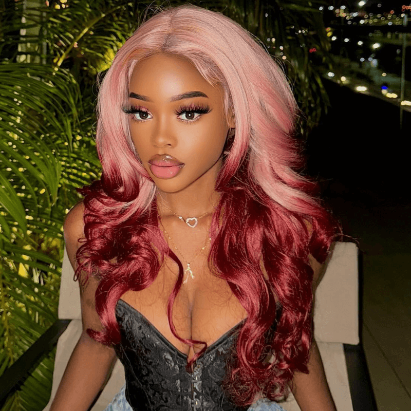 SZC Ombre Peach Pink Burgundy Red Colored Lace Front Human Hair Wigs